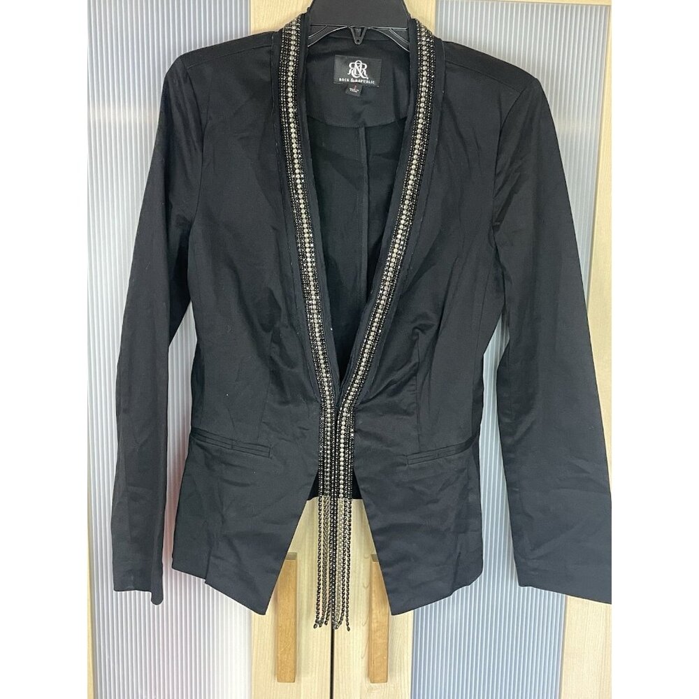 Rock & Republic Black Jacket Blazer Rhinestone Sz 2 Moto‎ Party Rock Y2K Goth